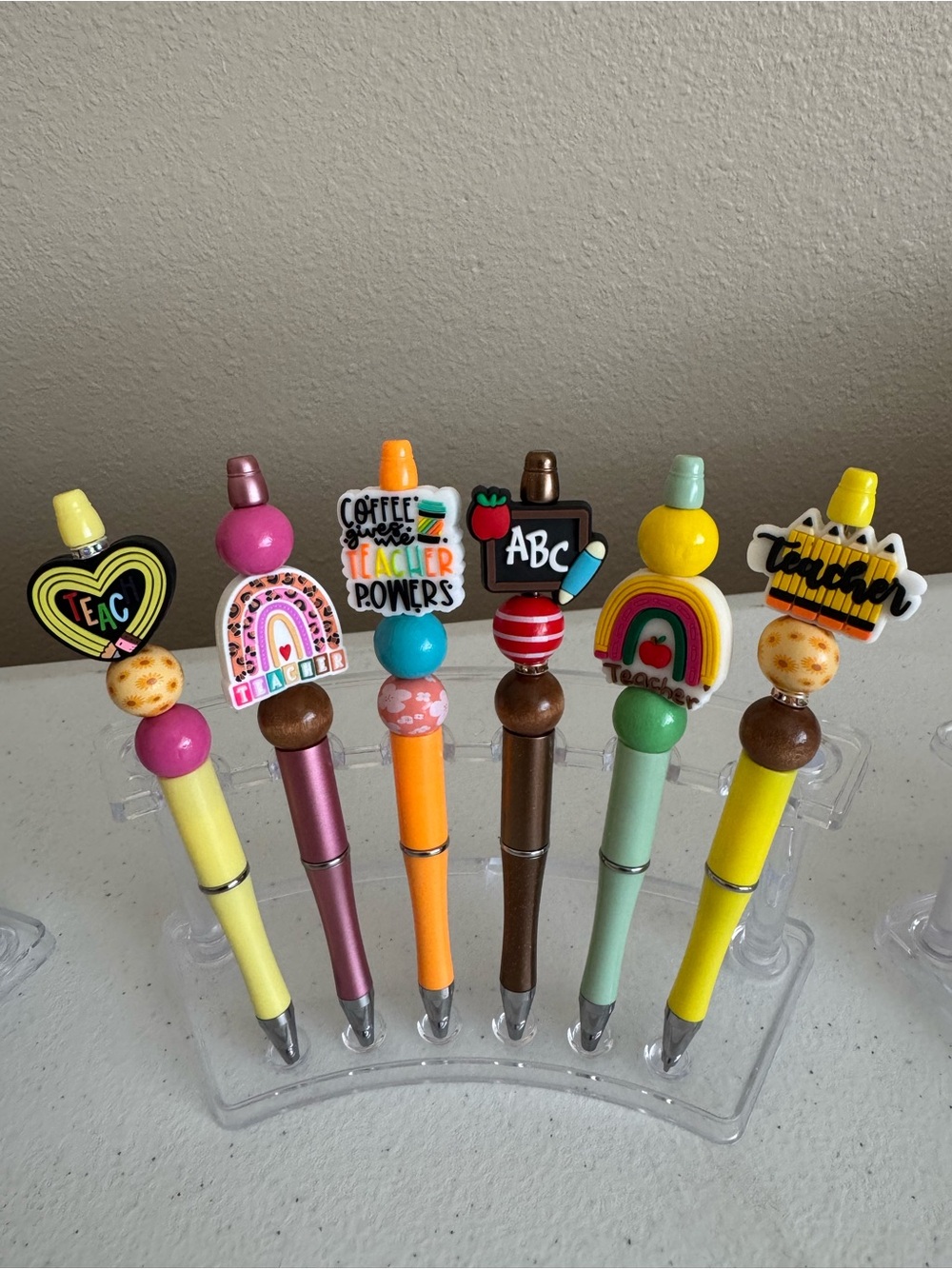 Teacher-Themed Kids Pen Set in Yellow, Pink, Orange, Brown, Green